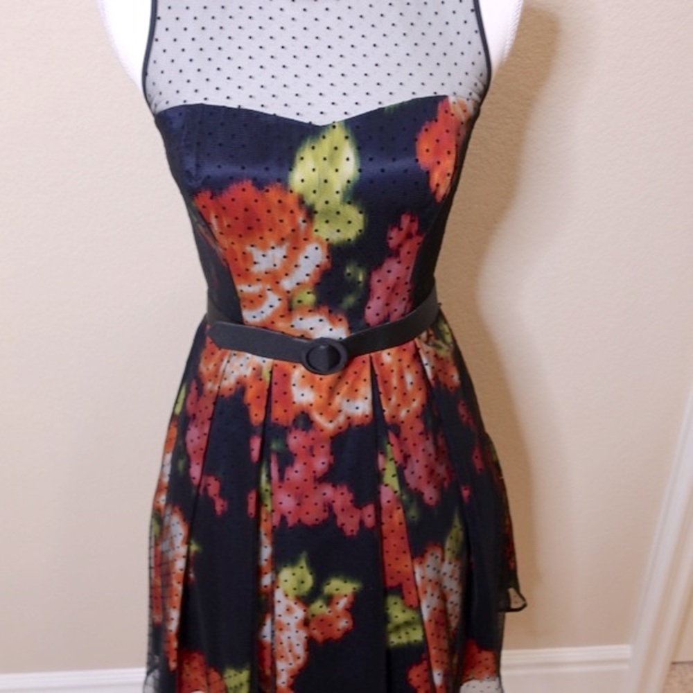 NEW Eliza J Navy Floral Dress with Black Sheer Polka Dot Mesh Ove… - Picture 3 of 16